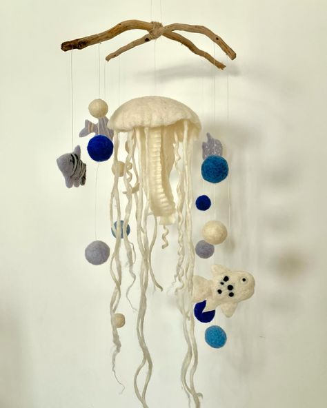 Ocean home mobile#needlefelting#felt#woolsculpture#soft#handmade#craft#sea#ocean#jellyfish#fish#deapwater#underwater#homedecor#art#blue#animals#animation#fantasy#dream#kids#kidsroom#babyroom Jelly Fish Mobile, Deep Sea Nursery, Aquarium Nursery, Jellyfish Mobile, Exhibition Project, Ocean Jellyfish, Fish Mobile, Jellyfish Decorations, Blue Animals