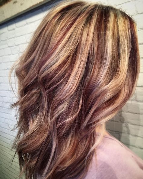 Balayage With Burgundy And Blonde, Multi Tone Hair Color Ideas, Blonde Hair With Mahogany Lowlights, Blonde Carmel Red Highlights, Blonde And Mahogany Hair, Maroon Lowlights Blonde Hair With, Red And Blonde Highlights Straight Hair, Burgundy Blonde And Brown Hair, Blonde With Red Brown Lowlights