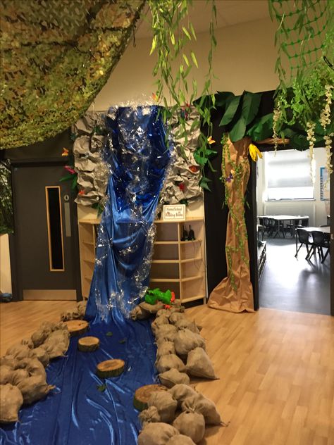 Amazon waterfall Waterfall Display Classroom, Classroom Waterfall, Enchanted Forest Library, School Event Themes, Enchanted Forest Classroom, Forest Theme Classroom, Forest Classroom, Wood School, Summer Camp Themes