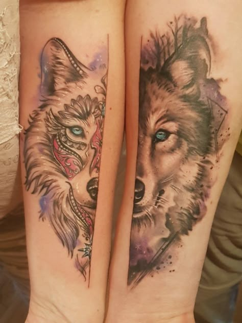 Matching Tattoos For Married Couples, Couples Wolf Tattoos, Couples Lion Tattoo, Matching Symbols, Husky Tattoo, Married Couple Tattoos, Wolf Tattoos For Women, Partner Tattoos, Best Couple Tattoos