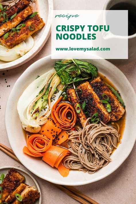 This is a delicious Cripsy tofu noodles bowl with carrot and pak choi. A vegetarian recipe you can make with either soba noodles or rice. You can adjust the spiciness of the dish to your own taste, making it a treat for everyone to eat. Pak Choi Recipe, Soba Noodles Recipe, Tofu Noodles, Noodles Bowl, Pak Choi, Crispy Tofu, Noodles Recipe, Soba Noodles, Vegetarian Recipe