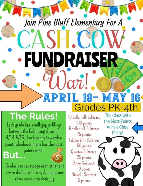 Cash Cow Fundraiser Flyer Inexpensive Fundraising Ideas, Easy Pta Fundraising Ideas, Cash Cow Fundraiser, Cool Fundraiser Ideas Schools, Farm Fundraiser Ideas, Cash Bash Fundraiser Ideas, Spca Fundraiser Ideas, Family Fundraising Ideas, Yard Fundraiser Ideas