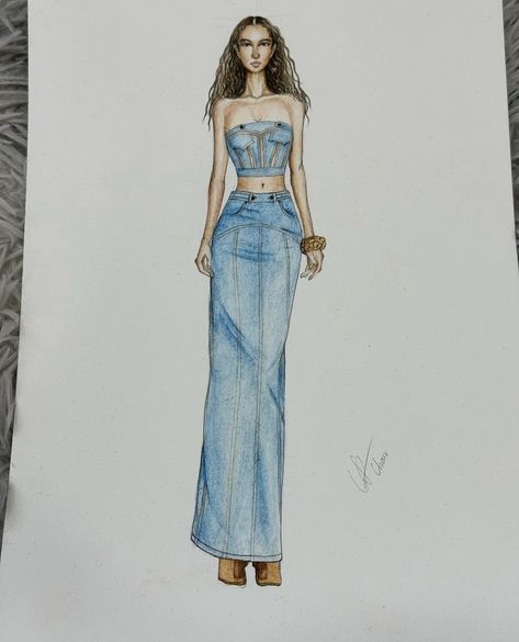 Waist Coat Dress, Denim Illustration Sketch, Jean Sketch, Jeans Sketch, Denim Illustration, Denim Fashion Illustration, Fashion Design Classes, Fashion Dream Job, Fashion Design Books