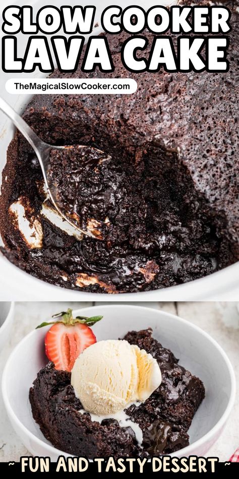 Slow Cooker Chocolate Lava Cake is made with chocolate cake, pudding, and chocolate chips. Serve over ice-cream or with whipped cream - The Magical Slow Cooker #crockpot #slowcooker #lavacake #bettycrocker #chocolate #slowcookerdesserts #crockpotdesserts Pressure Cooker Recipes Dessert, Lava Cake With Box Cake, Desert In Crockpot Easy Recipes, Crockpot Brownies Box Slow Cooker, Steamed Pudding Recipes Slow Cooker, Brownie Lava Cake, Chocolate Lava Cake Easy, Oreo Lava Cake, Slow Cooker Lava Cake