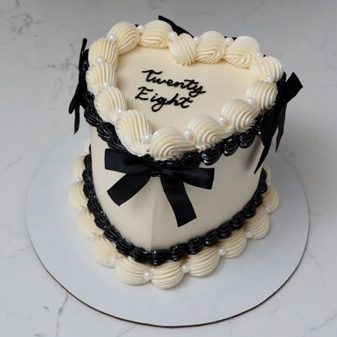 Twenty Eight 🖤🎀 - Cake Details - Size: Mini 6” (two layers) serves ~4-6 Add-ons: Bows (not edible) + pearls (edible) + glitter dust (edible) #emmacakes #customcakes #seattle #seattlecakes #heartcake #vintagecakes Black And White Heart Cake, Personal Cakes Mini, Birthday Cake With Pearls, Twenty Birthday Cake, Cheesecake Design, 28th Birthday Cake, Edible Glitter Dust, 25th Birthday Cakes, Edible Pearls