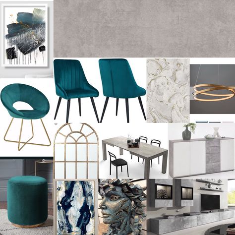 Dining family room. Teal grey and gold with lots of textured finishes Teal Grey And Gold Living Room, Grey Dining Room Decor, Grey And Teal Living Room, Teal And Grey Living Room, Dark Grey Dining Room, Dining Room Teal, Grey And Gold Bedroom, Taupe Living Room, Modern Glam Living Room