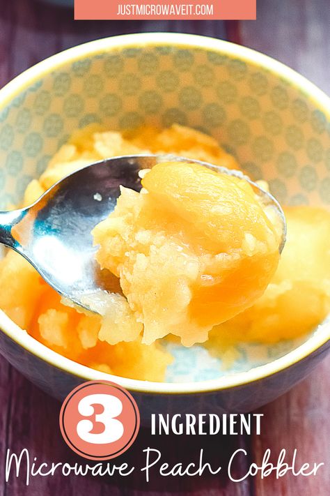 Make a cobbler in the microwave! Who knew? You can make this easy peasy Microwave 3-Ingredient Peach Cobbler in just minutes! #peaches #peachcobbler #peachpie #justmicrowaveit #microwaverecipes #cobblerrecipes Mug Peach Cobbler Microwave, Mug Cobbler Microwave, Microwave Cobbler, Peach Cobbler In A Mug, Cobbler In A Mug, Microwave Cake Mix, Can Peach Cobbler, Microwave Recipes Dessert, Microwave Desserts