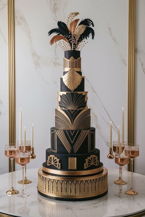 Deco Delight: A Sophisticated Art Deco Birthday Cake Gatsby Style Cake, Great Gatsby Themed Cake, Great Gatsby Cakes, Gatsby Cake Birthday, Roaring 20s Cake, Old Hollywood Cake, Great Gatsby Cake, Hollywood Cake, Planning 2024