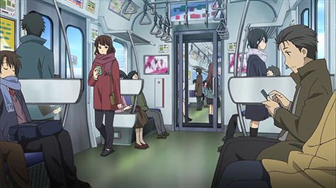 subway Anime Subway, Subway Drawing, Drawing People On The Subway, Anime Train Station, Subway Train Illustration, Train Anime Scenery Gif, Inside Subway Train Drawing, Manga Tutorial, Girl Sleeping