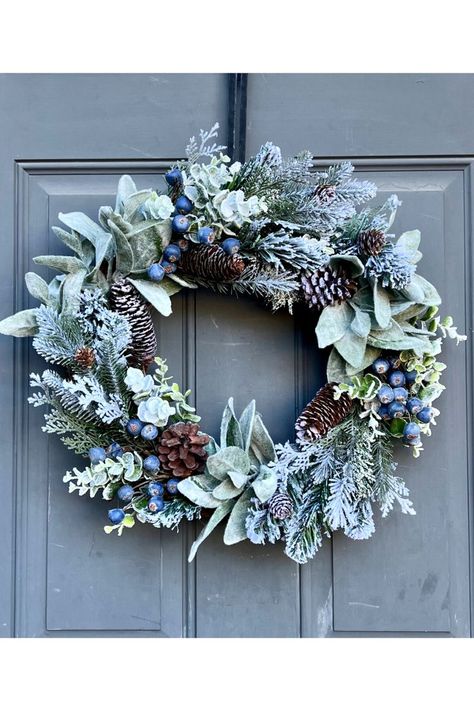 This lamb's ear farmhouse style winter / holiday wreath features charming clusters of blueberries set amidst lush green lamb's ear, frosted baby eucalyptus, snowy pine and natural pinecones. Handcrafted with love from the highest quality faux greenery and berries, its neutral deep blue berries and soft greenery create the perfect contrast. It's ideal for the holidays, but it's also neutral enough to stay up through the rest of the winter and all year in your home. Early Spring Wreath Ideas, Winter Door Wreaths After Christmas, Christmas Wreaths Blue, January Wreath Ideas, Winter Wreath Ideas, Winter Wreath Diy, Lamb's Ear, Blue Berries, White Berries