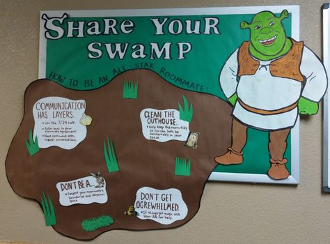 Shrek puns, a swamp, and tips on how to be a good roommate Shrek Themed Classroom, Roommate Bulletin Board Ra, Shrek Door Decs, Shrek Bulletin Board, Roommate Bulletin Board, Roommate Board, Ra Social Programs, Res Life Programs, Residence Life Bulletin Boards