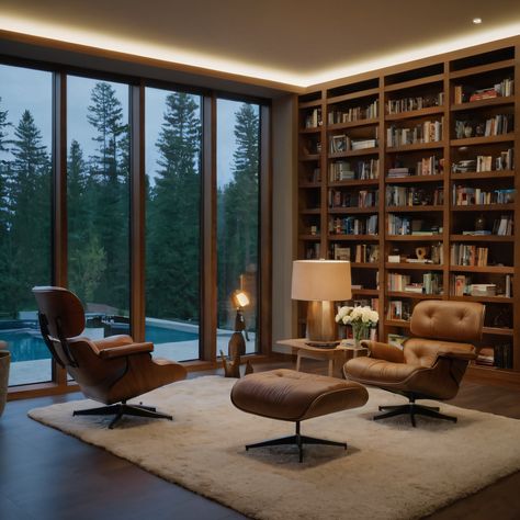 ⚠️LINK IN BIO⚠️ A stylish contemporary home library featuring built-in bookshelves, a comfortable reading chair, and floor-to-ceiling windows for ample natural light. #HomeLibrary #Contemporary #BuiltInBookshelves #ReadingChair #NaturalLight Home Library With Windows, High Ceiling Library, Home Library Glass Wall, Home Library Big Window, Big Windows Library, Mezzanine Library Bookshelves, Built In Library, Modern Home Library, Builtin Bookshelves