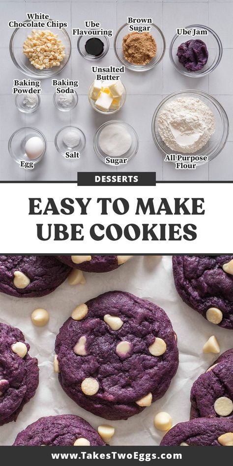 Soft, and chewy ube cookies feature sweet and nutty ube flavor and white chocolate chips. This Filipino fusion twist on a classic chocolate chip cookie is one you don’t want to miss! Ube Cookies Filipino Desserts, Ube White Chocolate Chip Cookie, Easy Ube Recipes, Ube Cookie Recipe, Asian Cookies, Ube Cookies, Filipino Sweets, Aesthetic Recipes, Purple Cookies