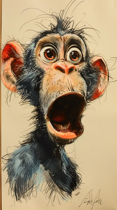 Animal Caricature, Animal Portraits Art, Monkey Art, Cartoon Character Pictures, A Monkey, Caricatures, Funny Art, A Drawing, Art Drawings Sketches