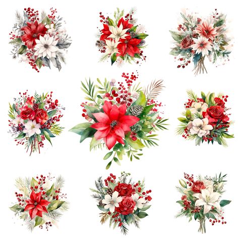 Watercolor Christmas flowers clipart - Christmas bouquets - card making, invitation, scrapbooking, digital paper craft Christmas Bouquets, Christmas Bouquet, Leaf Clipart, Christmas Rose, Christmas Lanterns, Christmas Flowers, Watercolor Christmas, Flower Clipart, Holly Leaf