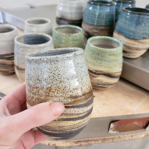 Marbled clay dimple wine cups fresh out of the kiln today headed up to @vermontgiftbarn! I made some for myself and use them constantly as go-to water glasses... they have a huge selection of VT made pottery, so if you are a pottery lover, check them out! #madeinvt #vermontmade #winecups #ceramicwinecup #stemlesswineglass #handmadeceramics #burlingtonvt #vermont #burlingtonvermont #winelover #pottery #marbledclay #vtarts #madeinvermont #buyhandmade Clay Wine Cup, Marbled Clay Pottery, Ceramic Wine Cups, Marble Pottery, Pottery Wine Cups, Cups Pottery, Creative Pottery, Pottery Inspo, Marbled Clay