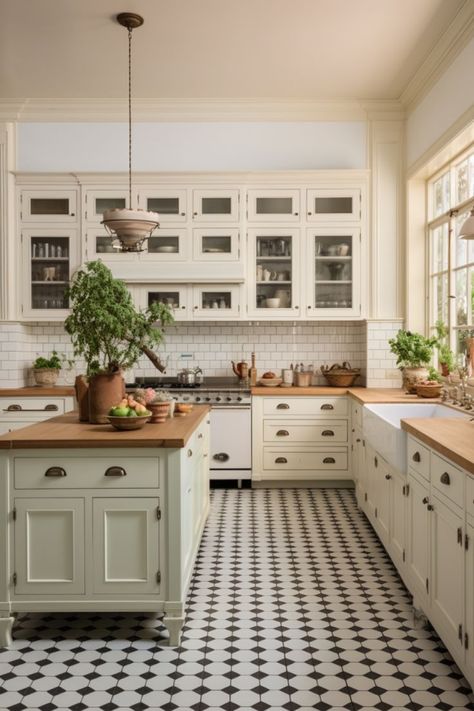 Georgian House Kitchen Ideas, Checker Kitchen Backsplash, Tiled Walls Kitchen, Retro Kitchen White Cabinets, Checkered Tiles Kitchen, Checker Tile Kitchen, Checkered Tile Floor Kitchen, Kitchen With Checkered Floor, Checkered Tile Kitchen