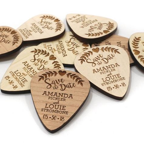 Glowforge Crafts, Guitar Wedding, Guitar Pic, Rock N Roll Wedding, Custom Guitar Picks, Rockabilly Wedding, Music Themed Wedding, Unique Save The Dates, Hobby Ideas