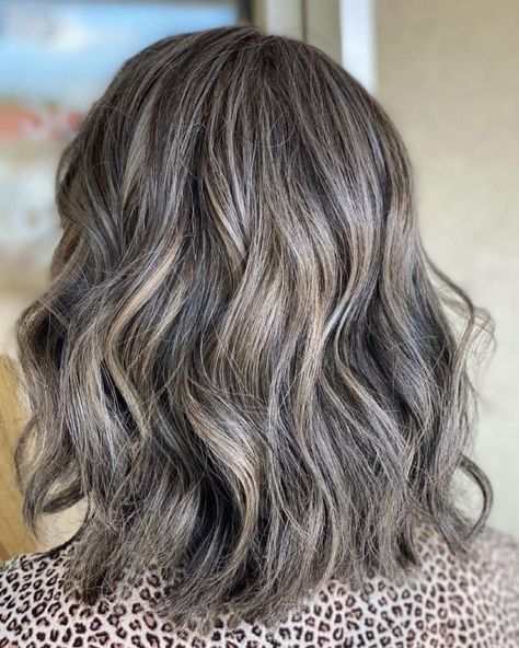 Gray Hair with Lowlights for Brunettes Graying Brunette Hair, Gray Hair Inspiration, White Hair With Lowlights, Grey Hair Lowlights, Natural White Hair, Grey Brown Hair, Ash Grey Hair, Brown Hair With Lowlights, Blue Grey Hair