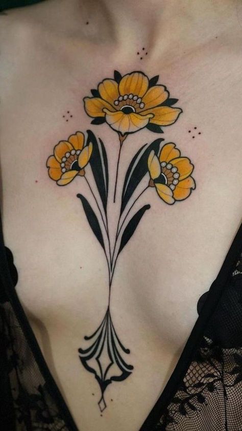 Art Deco Tattoo, Art Nouveau Tattoo, Nouveau Tattoo, Evergreen Garden, 4 Tattoo, Chest Tattoos For Women, Chest Piece Tattoos, Sternum Tattoo, 8 Months