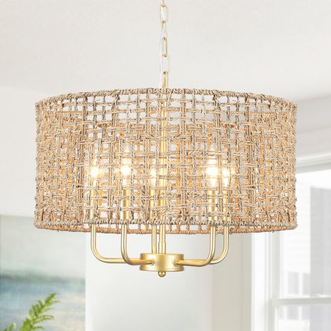 Bay Isle Home Ekkehard 5 - Light Dimmable Drum Chandelier & Reviews | Wayfair Chandelier Natural, Rattan Chandelier, Coastal Lighting, Kitchen Lights, Rattan Pendant Light, Vintage Style Decorating, Bedroom Idea, Candle Style Chandelier, Candle Chandelier