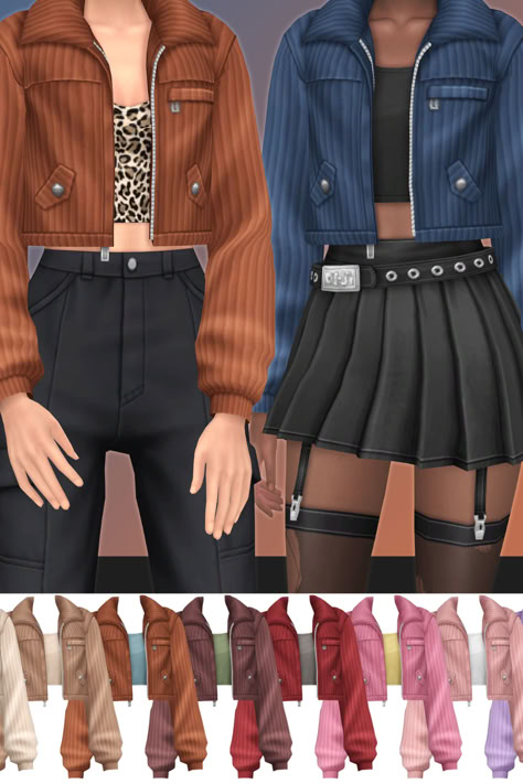 two female sims dressed in a cropped jacket Sims 4 Cc Clothes Jackets, The Sims 4 Cc Jacket Accessory, Accessory Sims 4 Cc, Sims 4 Cc Jacket Accessories, Sims 4 Teen Clothes, Sims 4 Jacket Cc, Jacket Sims 4 Cc, Sims 4 Cc Finds Shoes, Sims 4 Cc Finds Makeup