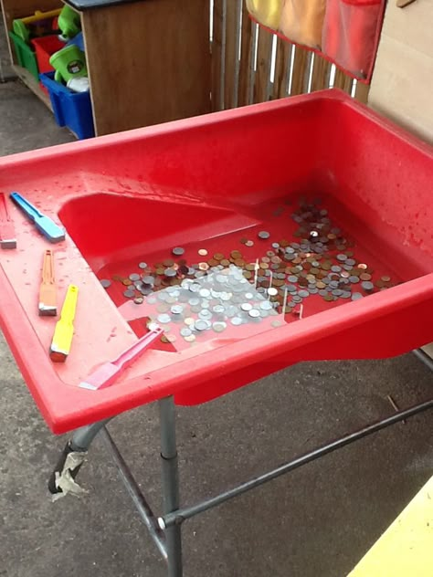 Investigating real and fake money by using magnets Water Tray Ideas, Water Tray Ideas Eyfs, Investigation Area, Maths Eyfs, Sensory Science, Early Years Maths, Reception Class, Pirate Activities, Money Activities