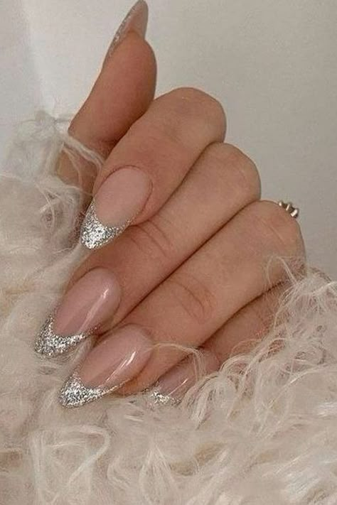 Silver Nail Art Glitter, Sparkly Tipped Nails, Silver Nails Sns, Holiday Nails Silver Sparkle, Birthday Silver Nails, Silver Shimmer Nails, Birthday Christmas Nails, Christmas Silver Nails, Silver French Tip Nails Almond