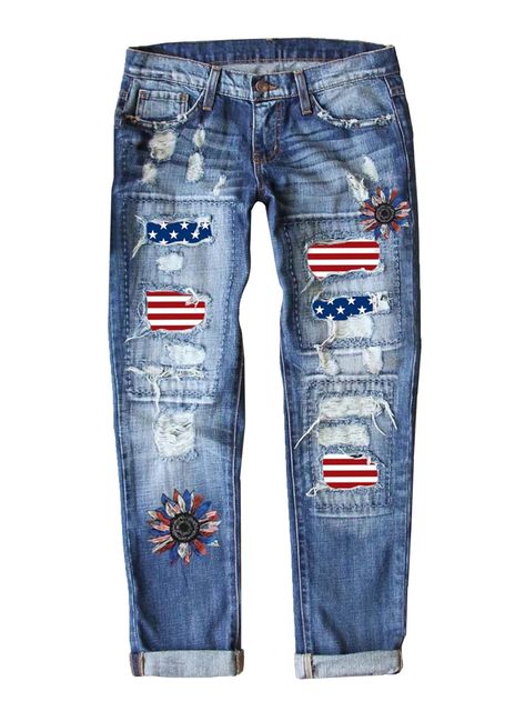 Patched Denim Jeans, Graphic Pant, Ripped Boyfriend Jeans, American Flag Print, Distressed Boyfriend Jeans, Flag Patches, Patchwork Jeans, Denim Patches, Patched Jeans