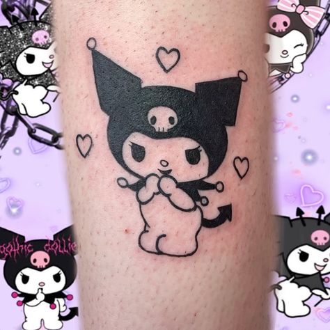 Kumori Tattoo, My Melody And Kuromi Tattoo Ideas, Kuromi Tattoo Outline, Kuromi Flash Tattoo, Hello Kitty And Kuromi Tattoo, Cute Black Tattoos, Kuromi Tattoo Design, Kuromi Tattoo Aesthetic, Kuromi Tattoo Ideas