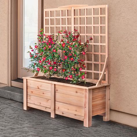 Planter Box With Trellis, Home Garden Ideas, Wooden Garden Bed, Wood Trellis, Planter Trellis, Cedar Planter Box, Raised Planter Boxes, Cedar Garden, Trellis Panels