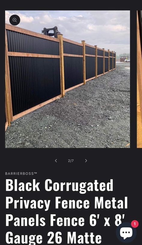 Concrete Privacy Fence, Black Metal And Wood Fence, Coragated Fence Ideas, Fence With Metal Panels, Yard Fence Ideas Cheap, Galvanized Fence Ideas, Cheapest Fence Ideas, Cheap Backyard Fence Ideas, Wood Grain Vinyl Fence