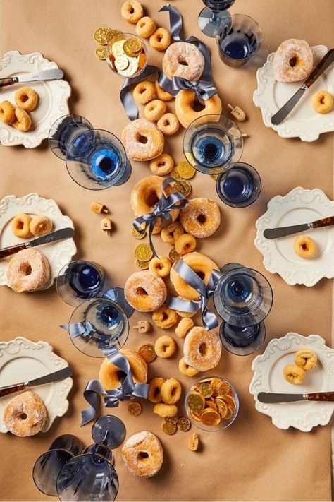 Celebrate Chanukah with a sprinkle of sweetness and a whole lot of doughnut love! Discover how to make your festivities extra special with this delightful treat. Save this idea for a memorable holiday season! #Chanukah #DoughnutLove #HolidayTreats #FestivalOfLights At Home Table Settings, Hanukkah Art, Hanukkah Dinner, Hanukkah Celebration, Chanukah Party, Delicious Dinner Ideas, Hanukkah Crafts, Hanukkah Food, Chanukah Decor