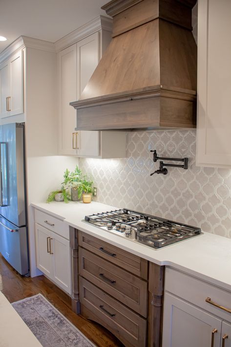 Modern Farmhouse Range Hood Cover, Hood Over Cooktop, Wood Stove Hood White Cabinets, Kitchen With Wood Hood Over Stove, French Country Oven Hood, White Cabinets With Wood Hood, Custom Kitchen Range Hood, Kitchen With Decorative Hood, Over The Stove Hood Ideas