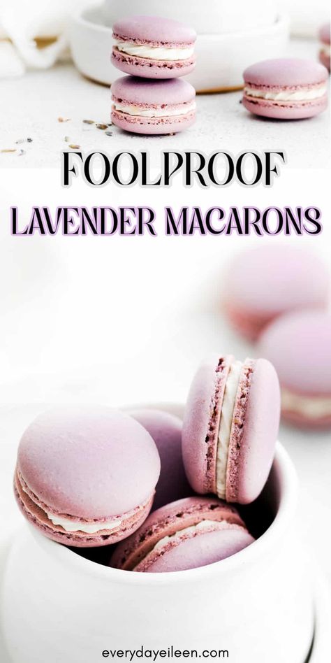 Lavender Macaron, Lavender Macarons Recipe, Lavender Macrons, Lilac Macarons, Macarons Recipe, Lavender Dessert Recipes, Baby Shower Macarons, Macarons Easy, Vanilla Macaroons