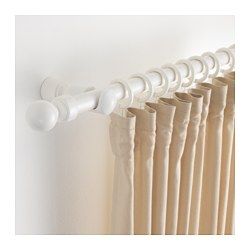 IKEA - PORTION, Curtain rod set, Can be cut to desired length with a hacksaw.If you have a wider window you can join two or more curtain rod sets with the included connecting screw. (Dining room!!) Ikea Curtain Rods, Curtain Tie Backs Diy, White Curtain Rod, Double Curtain Rod Set, Diy Curtain Rods, Thick Curtains, Ikea Curtains, Plain Curtains, Curtain Rod Brackets