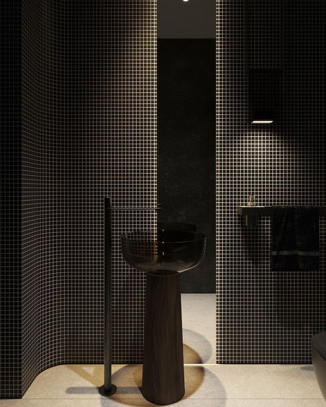 Interesting Bathroom Design, Black Terrazzo Bathroom, Toilet Hotel, Washroom Tiles, Toilet Design Modern, Black Tile Bathrooms, Modern Black Bathroom, Wc Design, Lausanne Switzerland