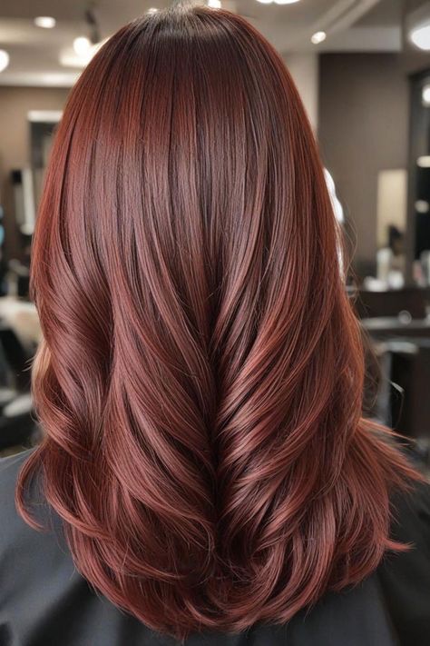 Rich Auburn Plum Layered Waves, autumn hair colour shades, fall hair color Red Auburn Hair Color, Auburn Hair With Bangs, Rich Auburn Hair Color, Deep Autumn Hair Color, Rich Auburn Hair, Beautiful Hair Cuts, Auburn Red Hair Color, Hair Colour Shades, Auburn Red Hair