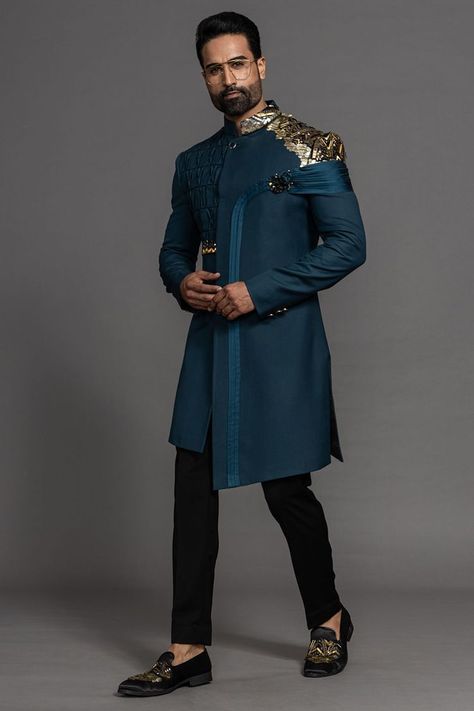 Indowestern Outfits For Men, Royal Sherwani, Dark Peacock Blue, Indo Western Dress For Men, Pants For Men Casual, Indowestern Sherwani, Man Dress Design, Mens Traditional Wear, Indian Wedding Clothes For Men