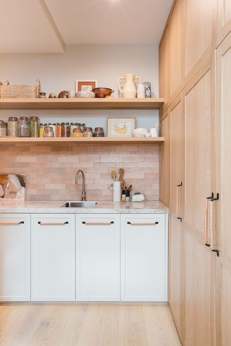 Blue Lagoon Kitchen Project by Jasper Design | jasperdesign.net.au Natural Wood And White Kitchen, Dekton Taga, Kyal Kara, Wood And White Kitchen, Downstairs Kitchen, Southwest Kitchen, Kyal And Kara, House Planning, Laundry Room Flooring