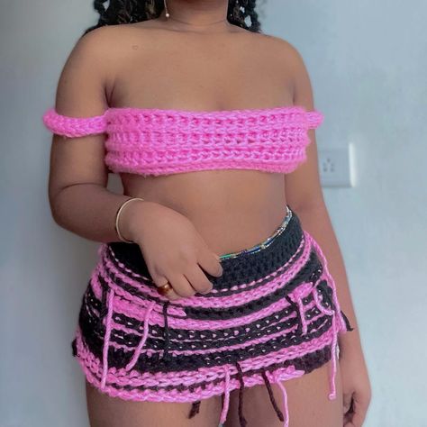 Blink - black and pink unique crochet set/co... - Depop Rave Concert Outfit, Black And Pink Crochet, Festival Outfit Aesthetic, Pink Crochet Skirt, Tube Crochet, Distressed Crochet, Rave Concert, Knit Ideas, Crop Top Set