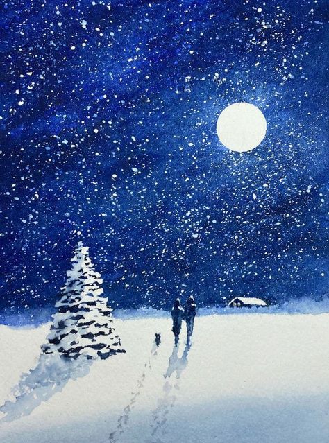 Christmas Cards Handmade Watercolor Winter Scenes, Snowy Landscape Watercolor, Watercolor Christmas Landscape, Night Sky Watercolor Paintings Easy, Winter Sky Painting, Winter Landscape Drawing, Christmas Landscape Painting, Winter Watercolor Paintings, Side Neck Tattoo For Guys