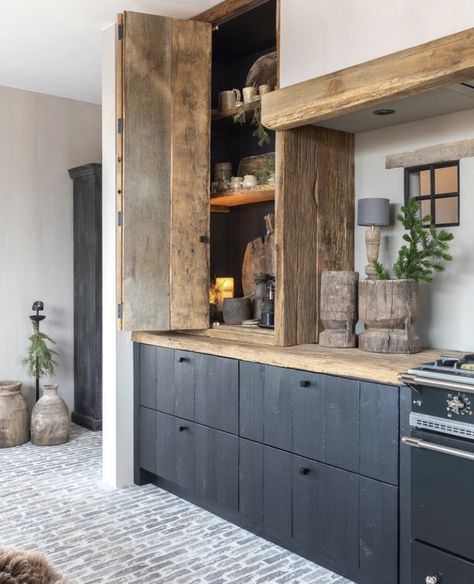 Wood Upper Cabinets, Reclaimed Wood Kitchen Cabinets, Black Lower Cabinets, Brick Tile Floor, Wabi Sabi Kitchen, Wabi Sabi Interior Design, Reclaimed Wood Kitchen, Lower Cabinets, Interior Design Aesthetic