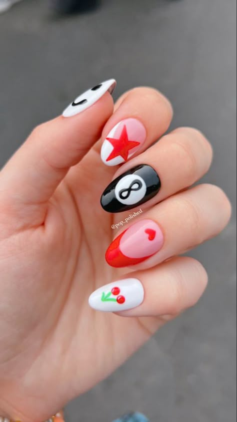 fun, magic 8 ball mix and match nail art Magic Eight Ball Nails, Lottery Nails, 8 Ball Nail Art, Magic 8 Ball Nails, Pool Ball Nails, Eight Ball Nails, 8ball Nails, Utah Nails, 8 Ball Tattoo