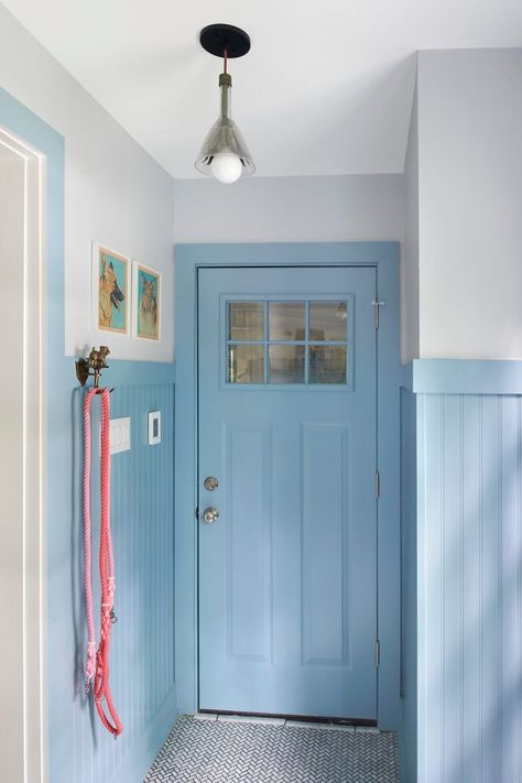 Light Blue Wainscoting, Powder Blue Kitchen, Blue Wainscoting, Laundry Room And Mudroom, Blue Painted Door, Laundry Mudroom, Eclectic Wallpaper, Green Laundry, Right Here Right Now