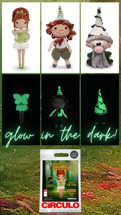 New amigurumi kits! These adorable enchanted forest creatures GLOW IN THE DARK! The series includes Baer the Gnome, Fauna the Fairy, and Dunaz the Elf. 🧚🏻 So cute! Each kit contains Círculo's quality Brazilian cotton, glow-in-the-dark yarn, and all the needed supplies. #crochetlove #crochetaddict #crochet #crochetinspiration #amigurumi Enchanted Forest Creatures, Forest Creatures, The Fairy, Enchanted Forest, The Elf, In The Dark, Enchanted, Glow In The Dark, The Darkest