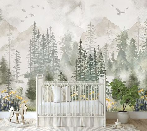 KOKOARTSHOP - Etsy Hong Kong Nursery Ideas Boy, Kindergarten Wallpaper, Forest Mural, Scenic Wallpaper, Forest Nursery, Nursery Room Inspiration, How To Install Wallpaper, Smooth Walls, Nursery Wallpaper