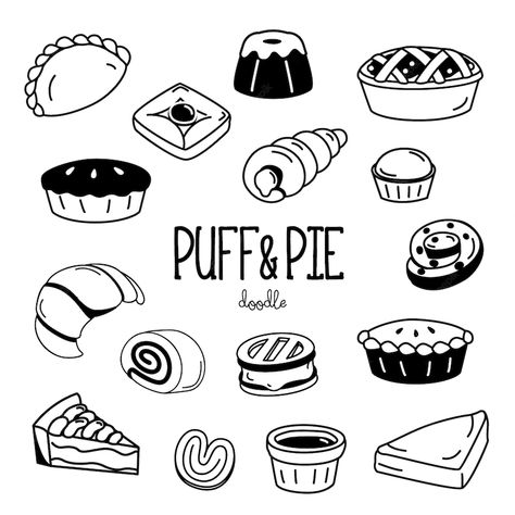 Hand Drawing Styles, Pie Doodle, Cookie Doodle, Pie Drawing, Bakery Branding Design, Messenger Stickers, Desserts Drawing, Twin Tattoos, Coffee Doodle