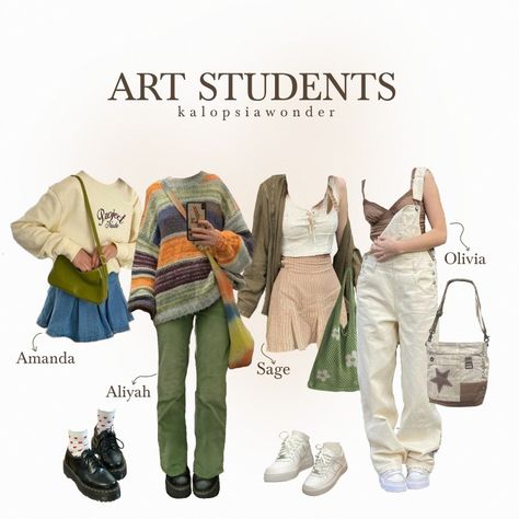 aesthetic outfit inspo for art students or back to university outfit inspo College Majors As Outfits Aesthetic, Fashion Student Outfit Aesthetic, Artistic Clothing Aesthetic, Outfit Ideas For Artists, Outfits Inspired By Famous Paintings, Art Nerd Aesthetic Outfit, Art How Aesthetic Outfits, College Outfits Art Student, International Student Aesthetic Outfit