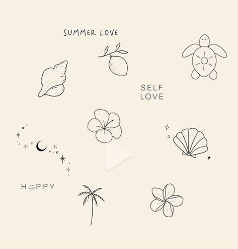 Summer Flash Tattoo, She’ll Tattoo, Small Summer Tattoos, Summer Tattoos, Small Beach Tattoos, Beachy Tattoos, Minimal Tattoo Ideas, Hawaii Tattoos, Small Girly Tattoos